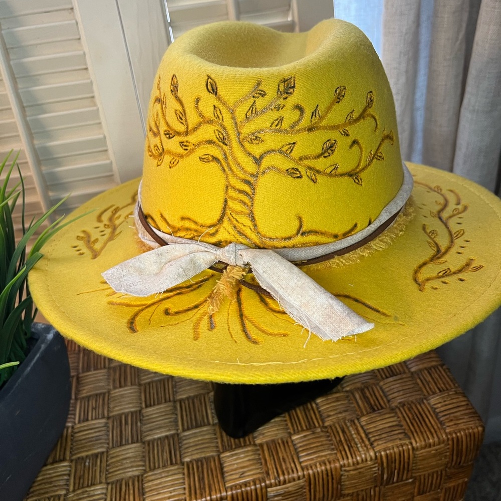 Hand burned tree of life vegan felt hat